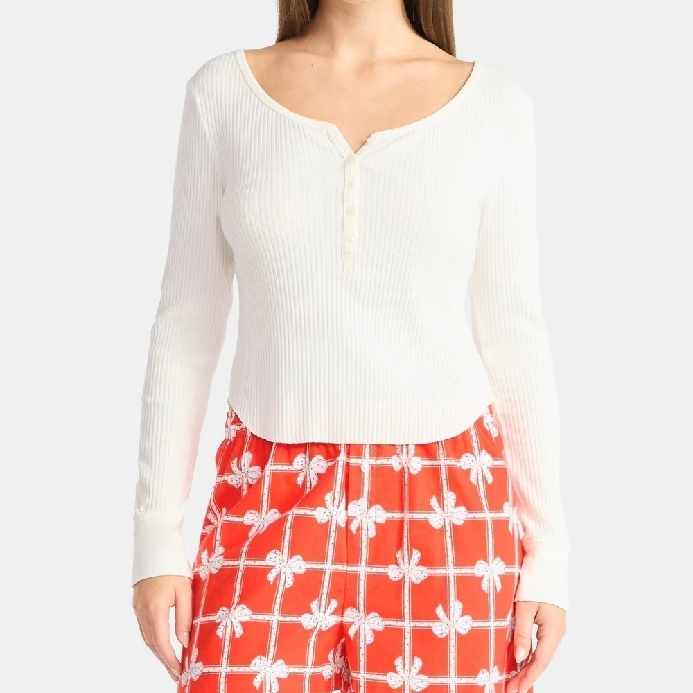Ribbed Shirttail Henley Top Y2K Vibe Scoop Neck Large Wtr White Cream Shirt NWT